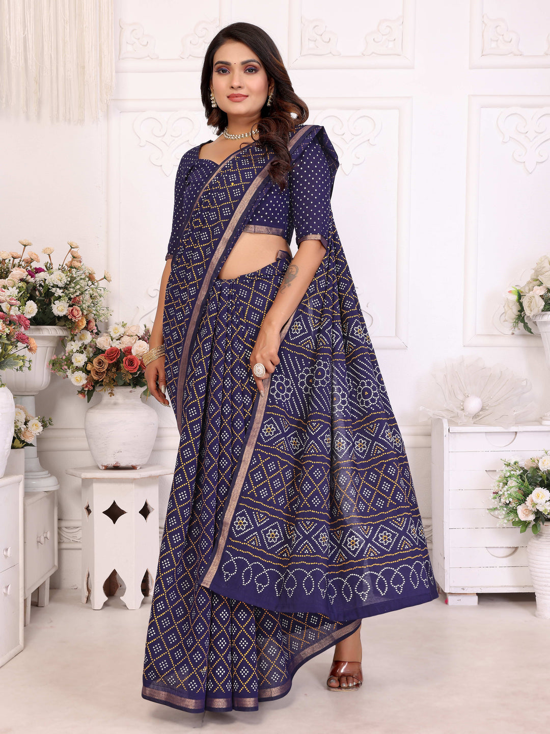 Navy blue Amba Pure Patola And Bandhej Pattern Soft Cotton Light Weight Saree