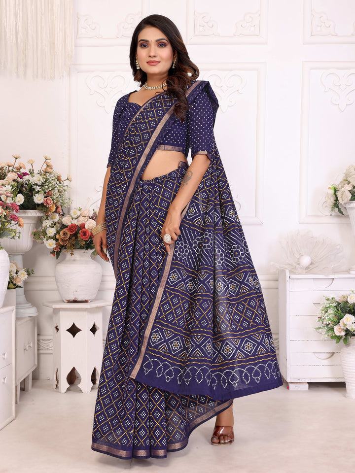 Navy blue Amba Pure Patola And Bandhej Pattern Soft Cotton Light Weight Saree