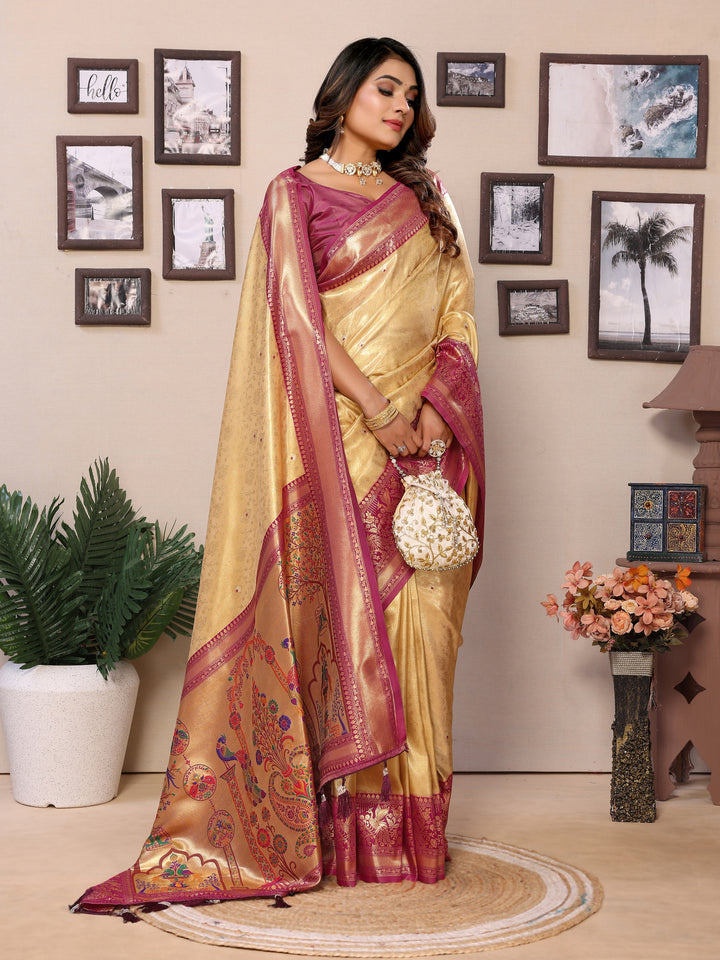 Yellow Vantara Banarasi Tissue Silk Saree With Contrast Paithani Woven Borders & Pallu