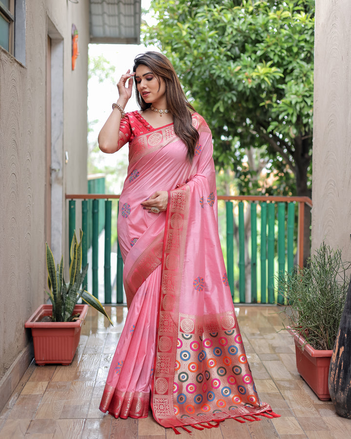 Pink Kamlika Dola Silk With Unique Butta And Contrast Border & Rich Pallu