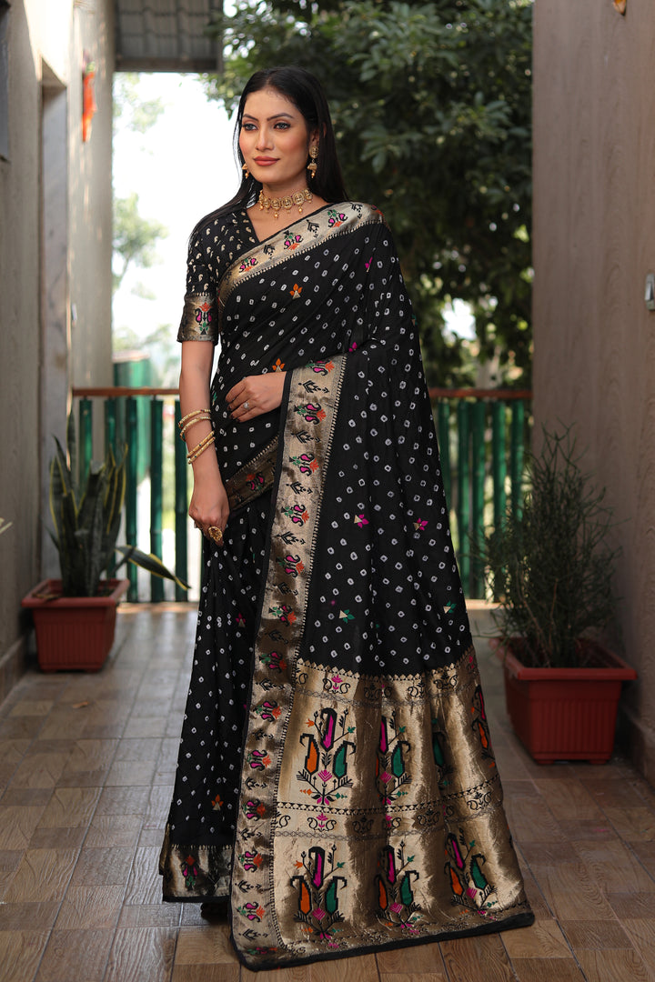 Black Yogeshwari Dola Soft Silk Bandhej Saree With Jari Border & Weaving Paithani Style Rich Pallu