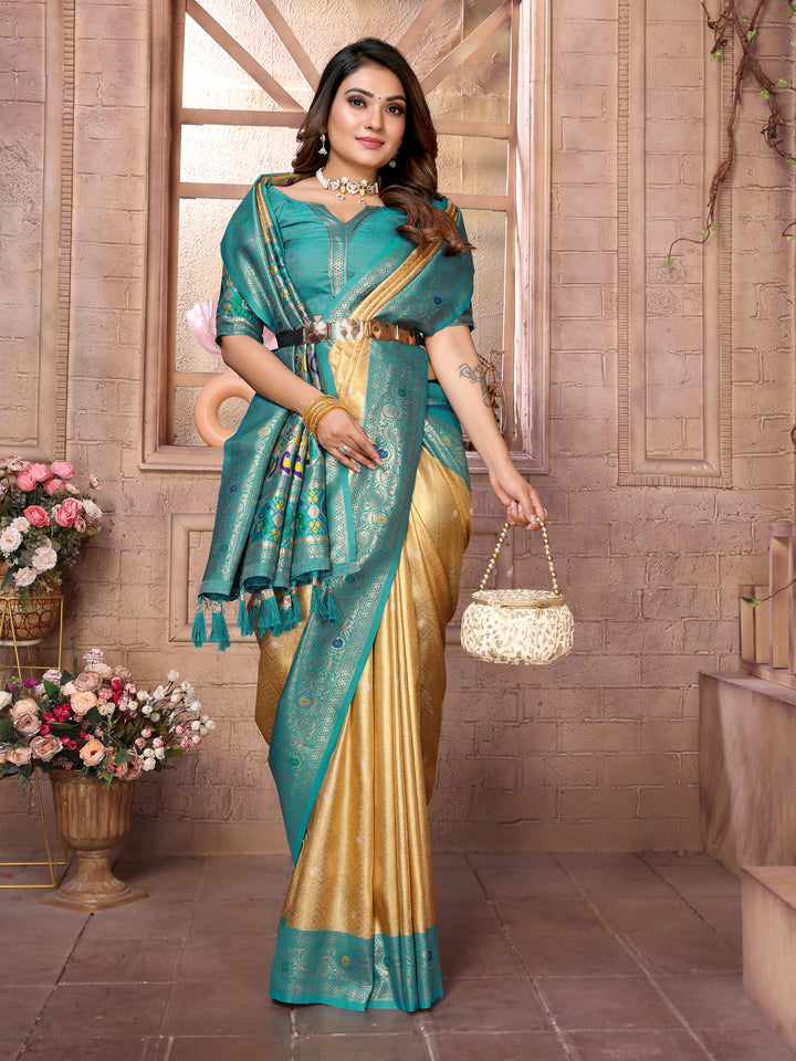 Beige Vimala Banarasi Silk Saree With Contrast Paithani Woven Borders & Pallu