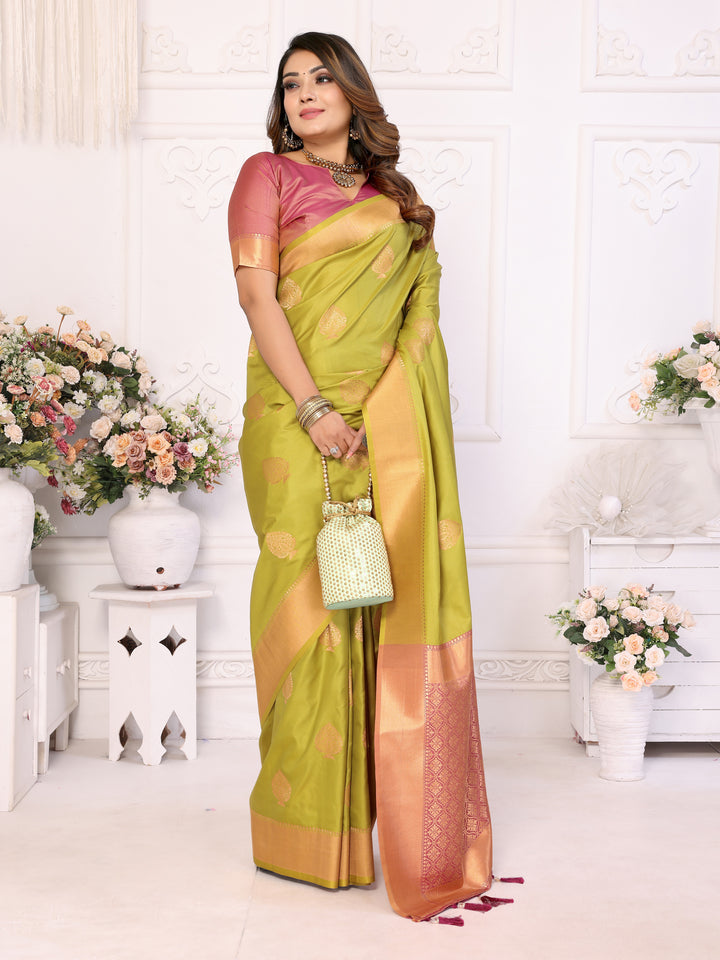 Green Vardhman Lichi soft Silk sarees woven Butta concept & woven Zari borders both sides