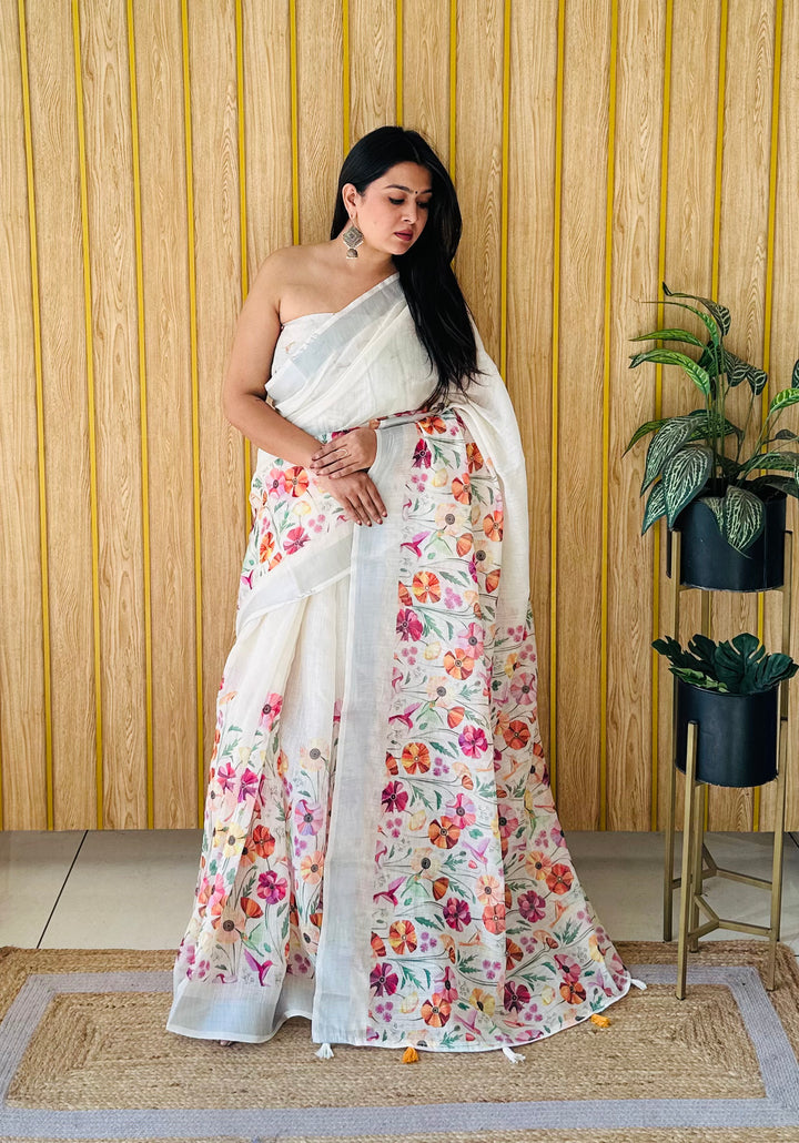 Pista Mayuri Soft Linen Cotton Digital Print Saree With Batik Print With Silver Border