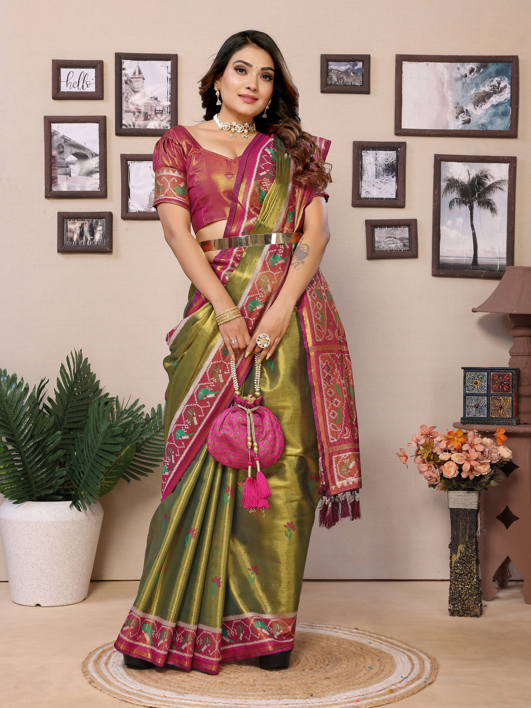Green-Maroon Surekha Banarasi Silk Saree With Contrast Patola Woven Borders & Pallu