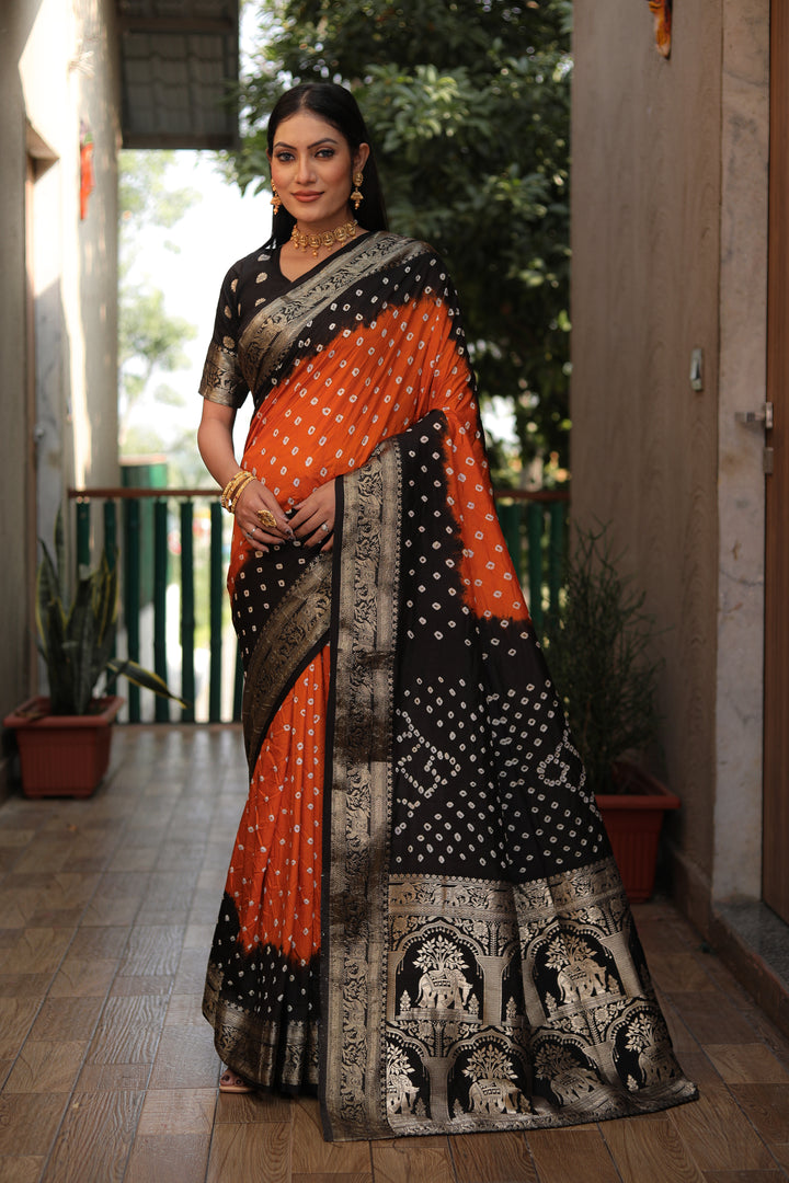 Orange Vahini Pure Bandhej Silk Saree With Bandhej Border & Zari Weaving Rich Tissue Pallu
