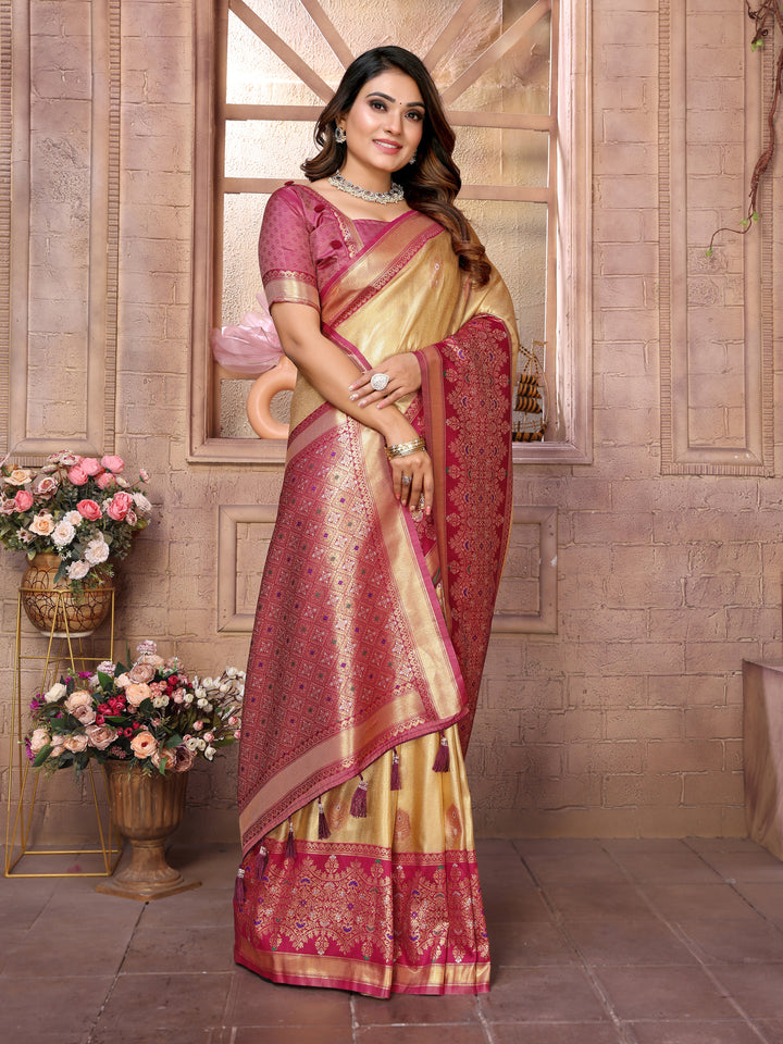 Beige Sundari Banarasi Tissue Silk Saree With Contrast Banarasi Woven Borders & Pallu