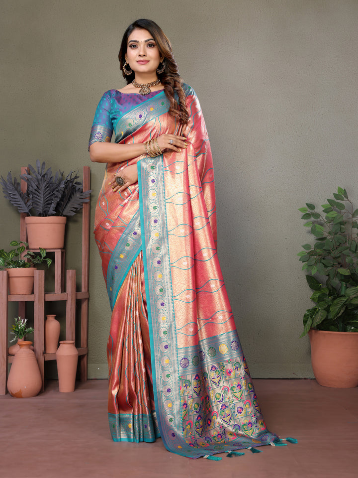 Pink Vasant Banarasi Tissue Silk Saree With Laheriya Woven Borders & Contrast Banarasi Pallu
