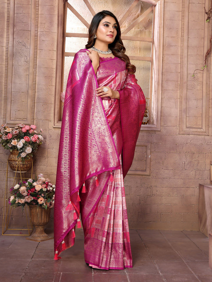 Pink Somya Banarasi Chaturi silk saree ,Jari weaving Border and Weaving rich pallu