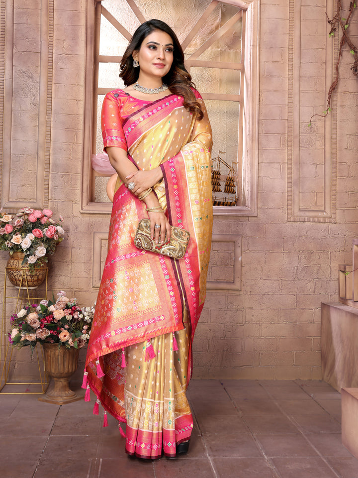 Cream Tarveni Banarasi Tissue Silk (Patola weaving) Saree With Contrast Patola Woven Borders & Pallu