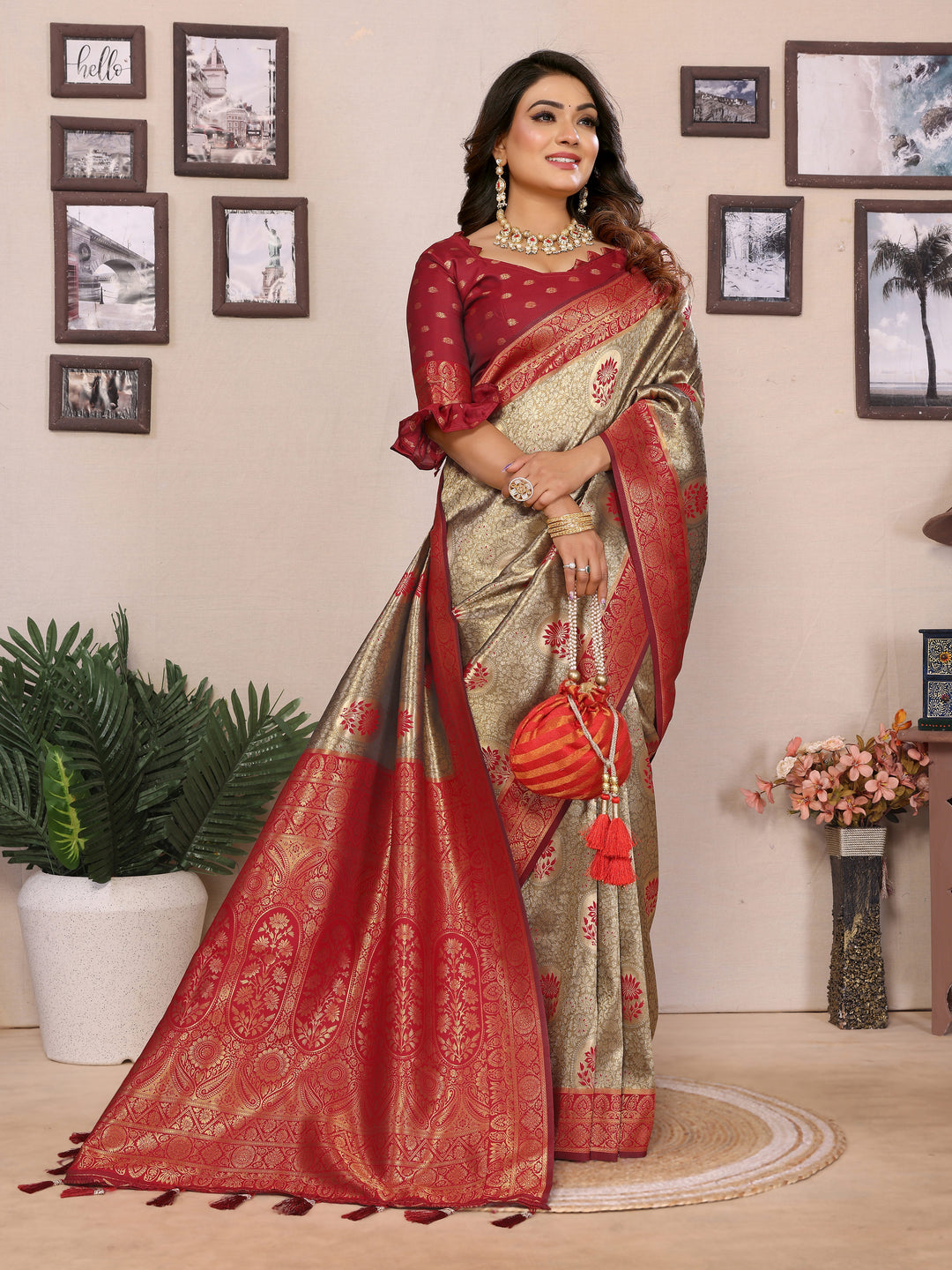 Red Mahek Handloom Tissue Silk Sarees with Zari Weaving and Contrast Zari  border