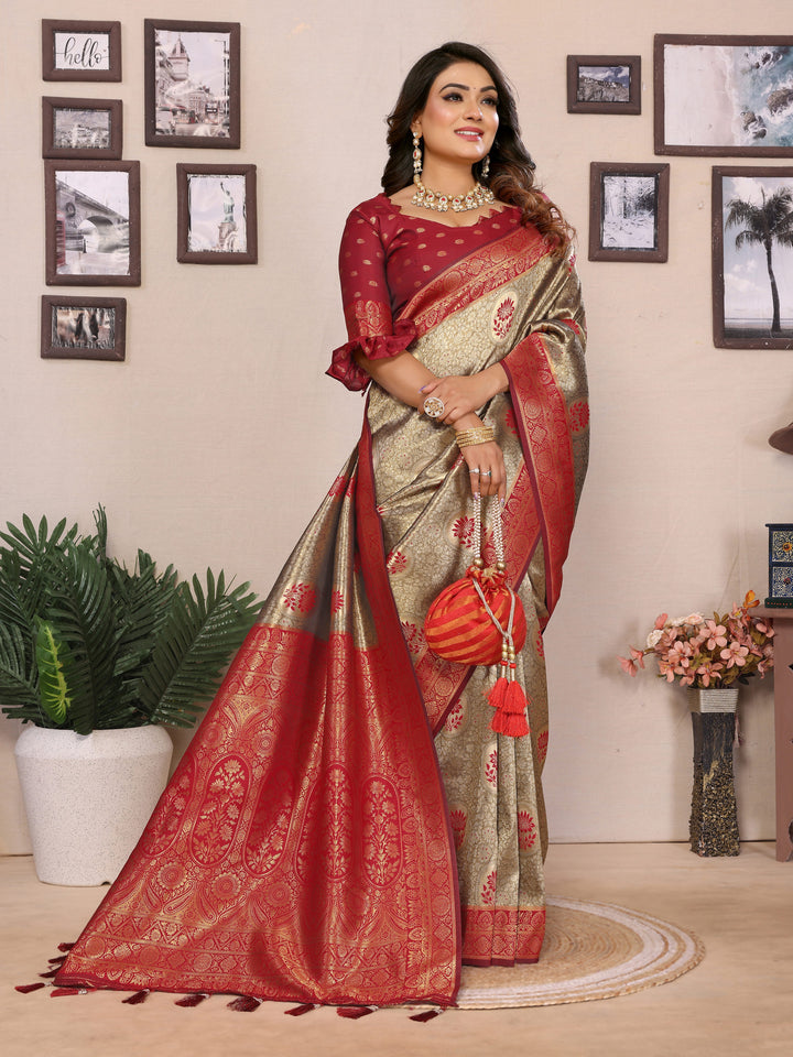 Red Mahek Handloom Tissue Silk Sarees with Zari Weaving and Contrast Zari  border