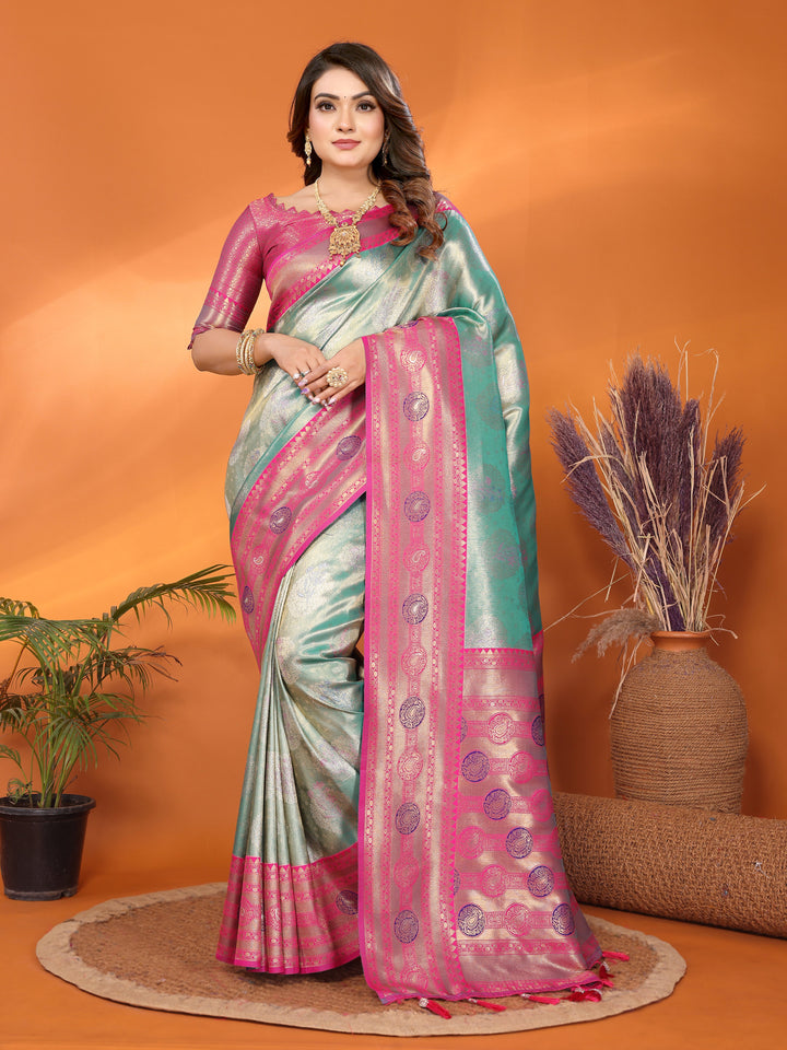 Sky Blue Sonali Banarasi Silk Saree With Contrast Paithani Woven Borders & Pallu