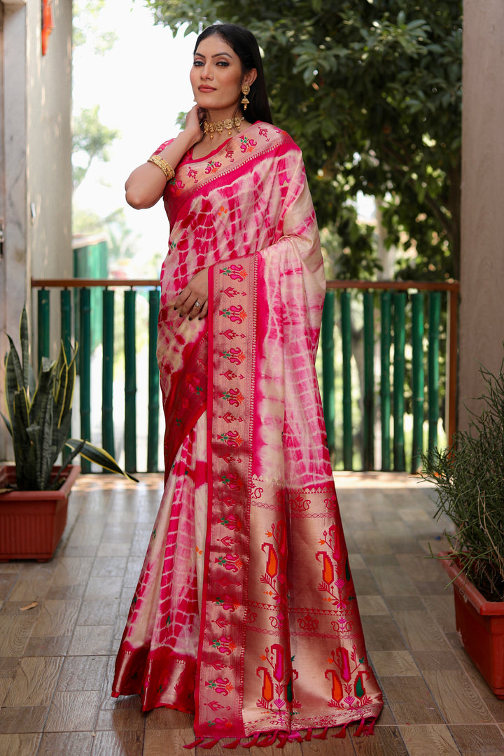 Pink Poonam Sibori Print Paithani Silk Sarees With Gold Zari Paithani Border & Contrast Rich Pallu