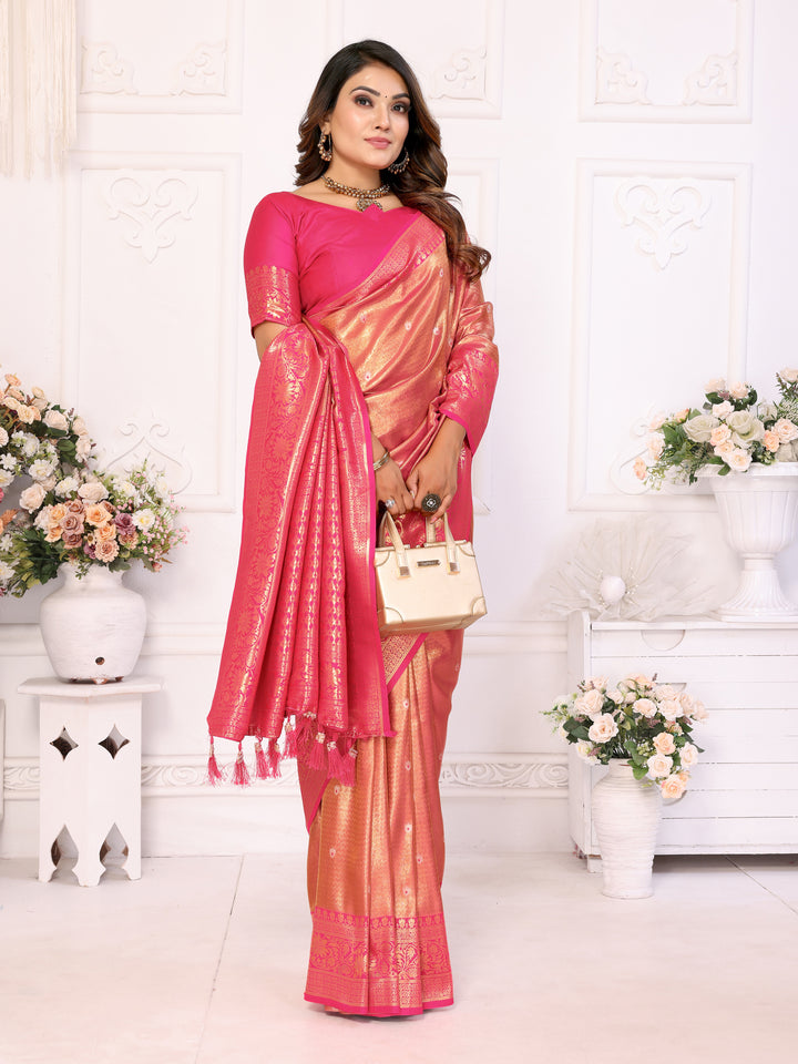 Pink Eshwari Banarasi tissue silk  sarees with all over Butti contrast woven borders classic pallu