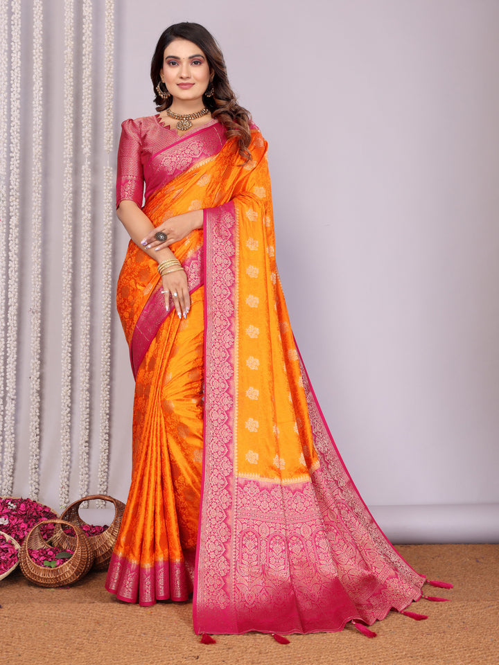 Orange Sandhya Satin Silk Sarees With Butta Designs & Contrast Zari Woven Borders