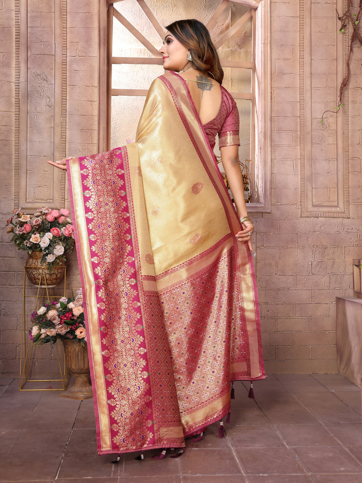 Beige Sundari Banarasi Tissue Silk Saree With Contrast Banarasi Woven Borders & Pallu