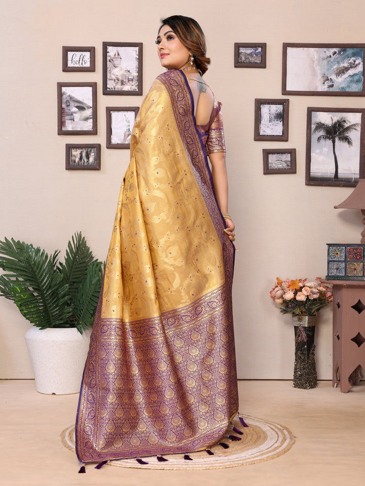 Purple-yellow Hema pure Banarasi Tissues silk sarees Its soft and silky with Meenkari woven border