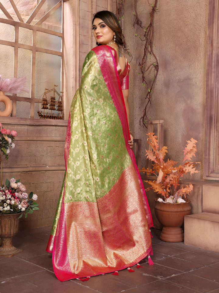 Green Vanita Tissue Silk Saree Zari Designs and Contrast Zari Borders & Rich Pallu