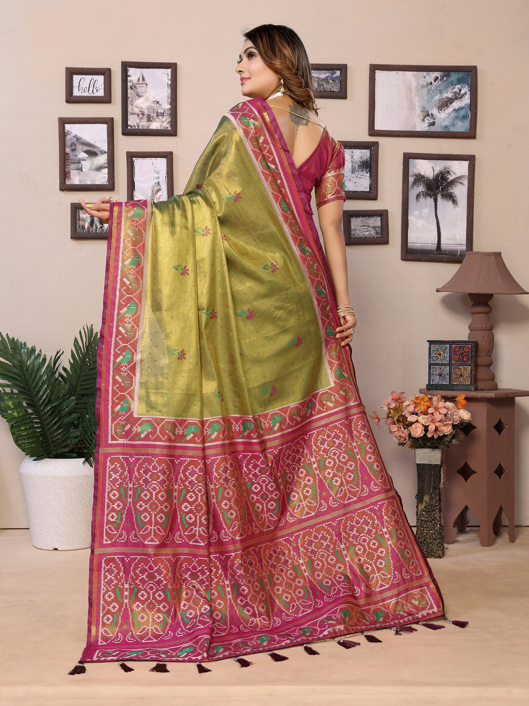 Green-Maroon Surekha Banarasi Silk Saree With Contrast Patola Woven Borders & Pallu