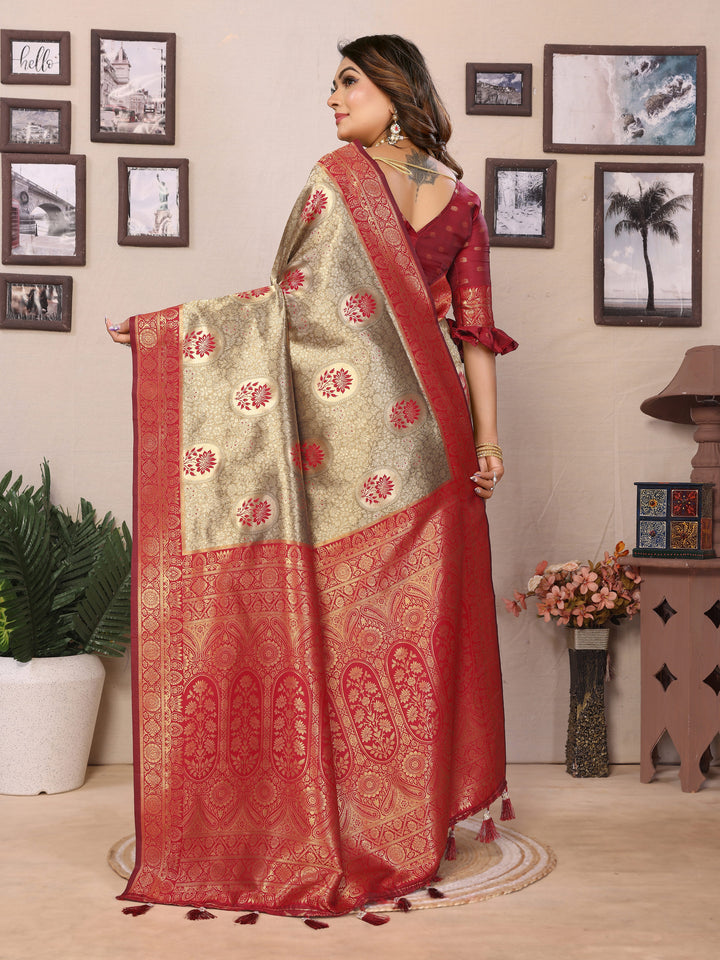 Red Mahek Handloom Tissue Silk Sarees with Zari Weaving and Contrast Zari  border
