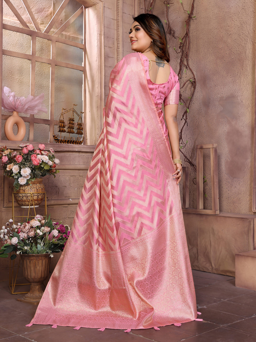 Pink Dwija Soft Organza Silk Banarasi Saree With Unique Butta With Unique Colours