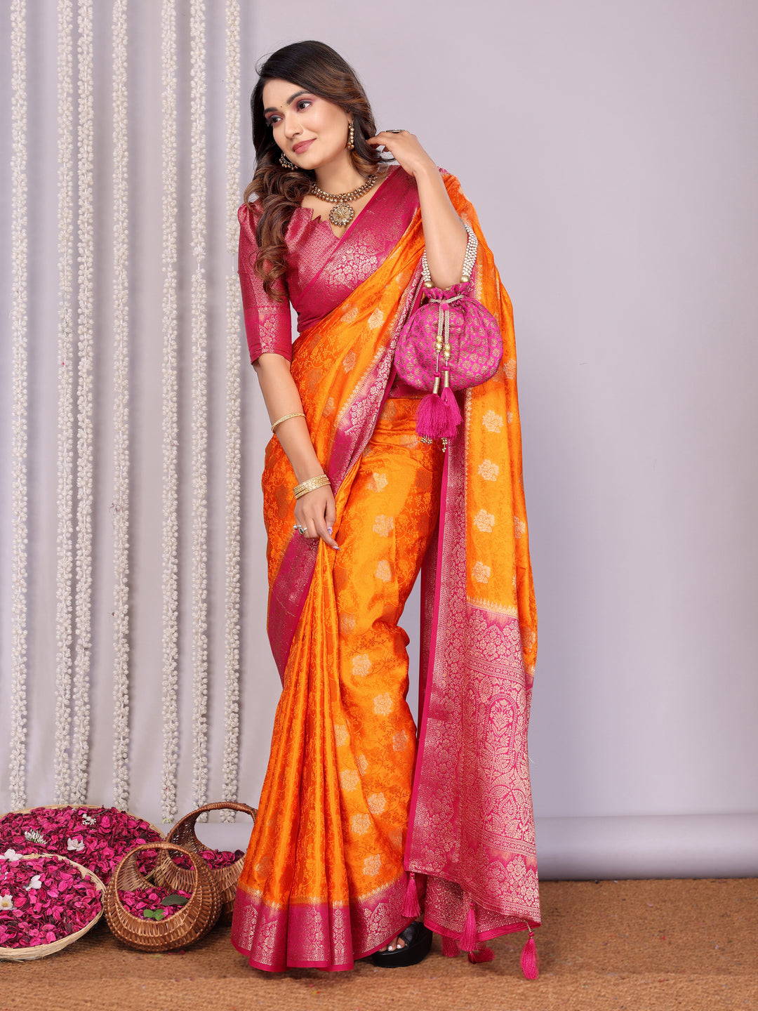 Orange Sandhya Satin Silk Sarees With Butta Designs & Contrast Zari Woven Borders