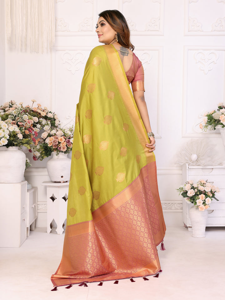 Green Vardhman Lichi soft Silk sarees woven Butta concept & woven Zari borders both sides