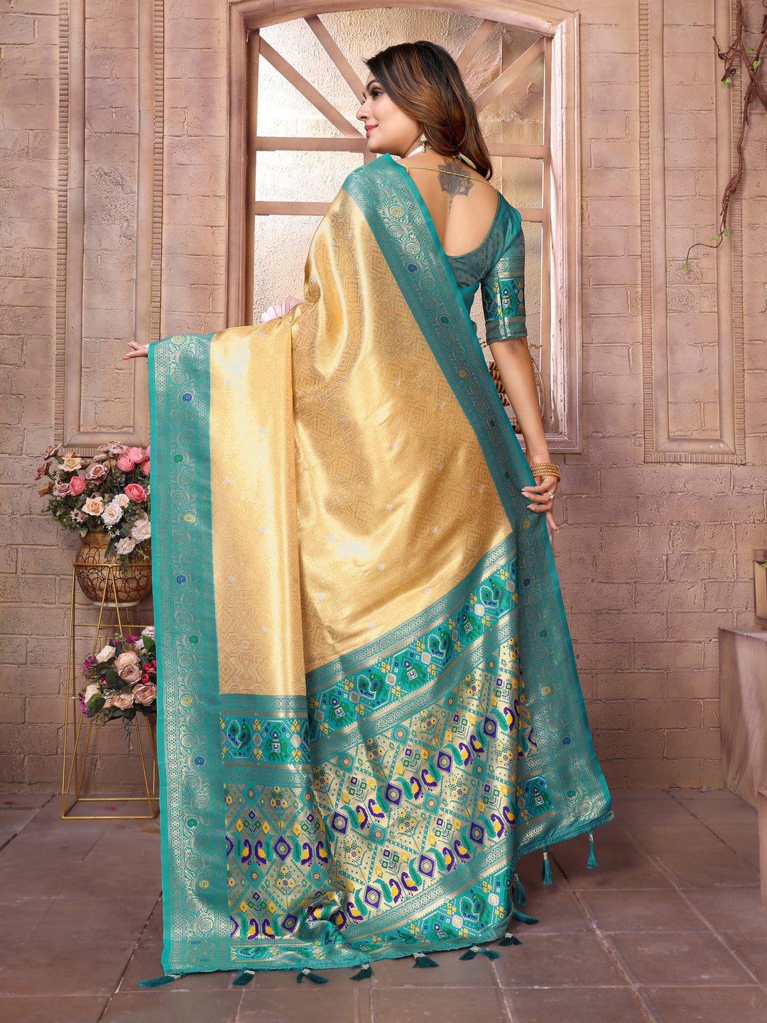 Beige Vimala Banarasi Silk Saree With Contrast Paithani Woven Borders & Pallu