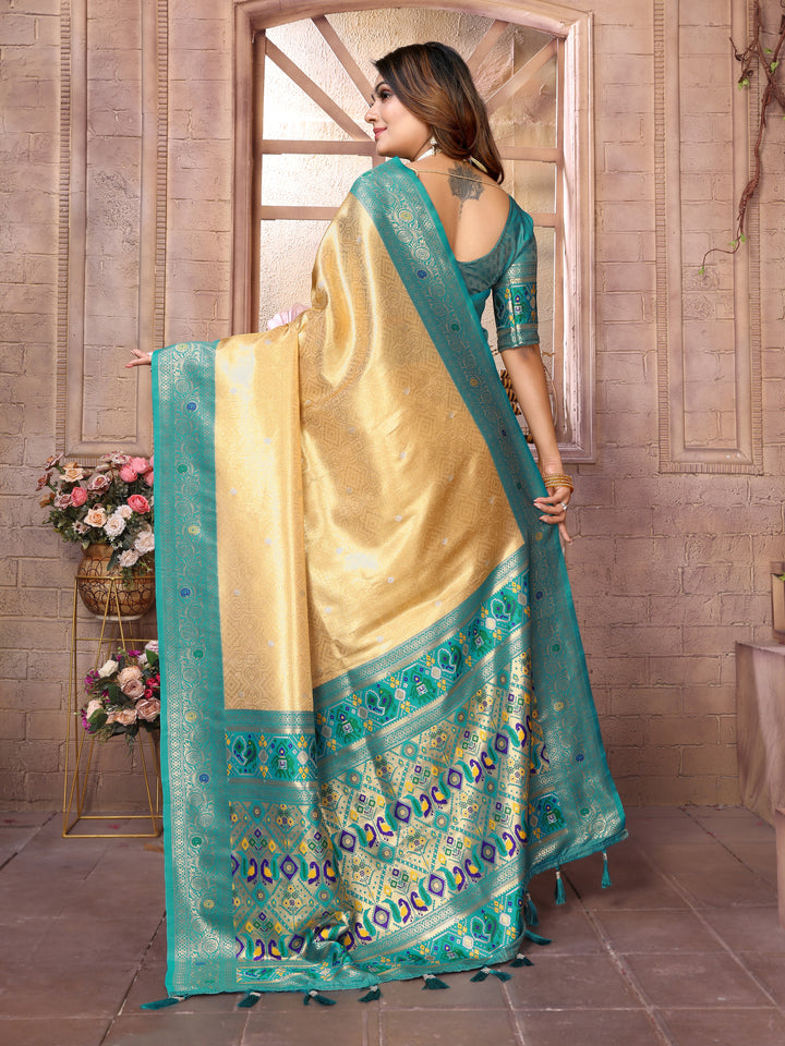Beige Vimala Banarasi Silk Saree With Contrast Paithani Woven Borders & Pallu