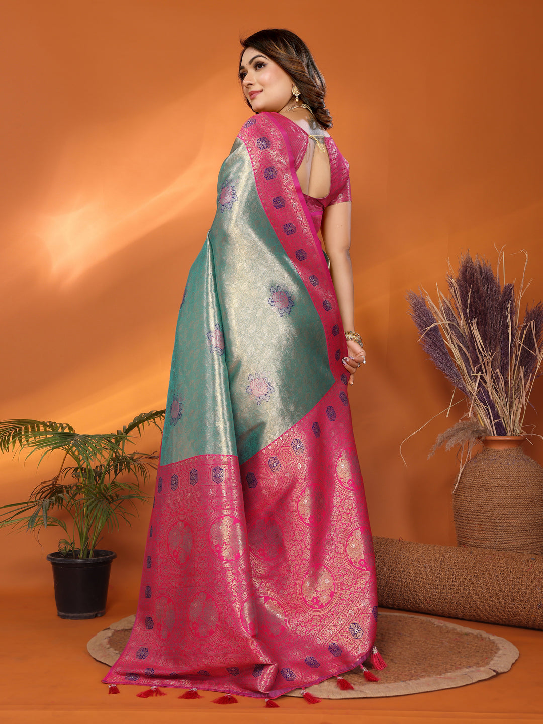 Sky Blue Saroj Banarasi Silk Saree With Contrast Paithani Woven Borders & Pallu