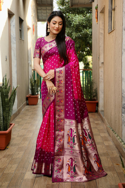 Pink Chandani Dola Soft Silk Bandhej Sarees Jari Paithani Weaving Border & Weaving Paithani Style Rich Pallu