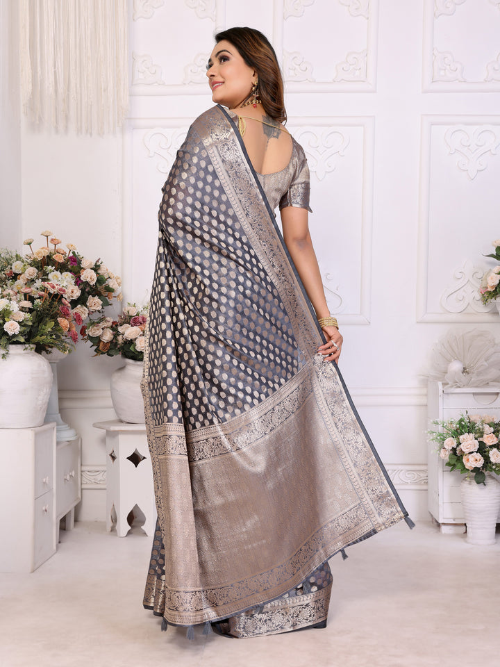 Gray Aruni Soft Organza Silk Banarasi Saree With Unique Butta With Unique Colours