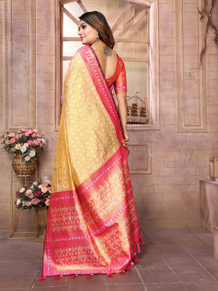 Cream Tarveni Banarasi Tissue Silk (Patola weaving) Saree With Contrast Patola Woven Borders & Pallu
