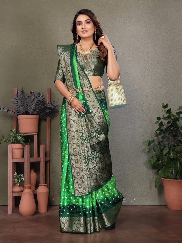 Light Green Satyavati Bandhej Satin Silk Saree Made By Original Bandhej With Zari Weaving Border
