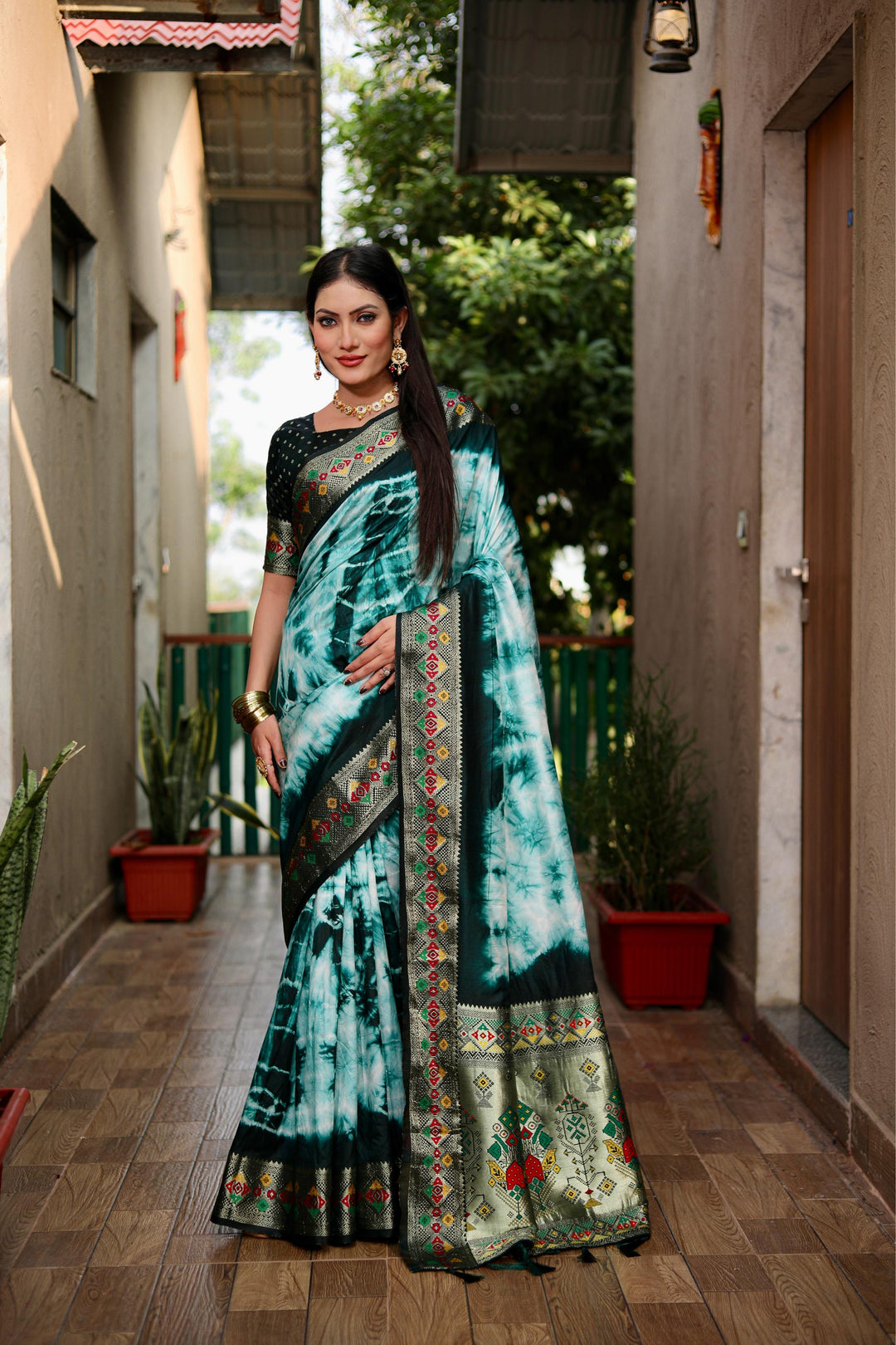 Green Flora Sibori Print Paithani Silk Sarees  With Gold Zari Paithani Border & Contrast  Rich Pallu