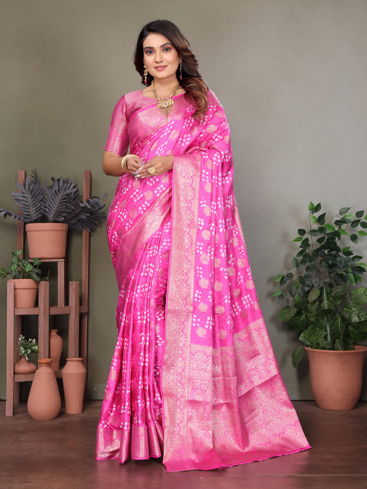 Pink Shakuntala Bandhej Silk Saree With Zari Weaving Butta & Zari Rich Pallu With Beautiful Design & Broad Border