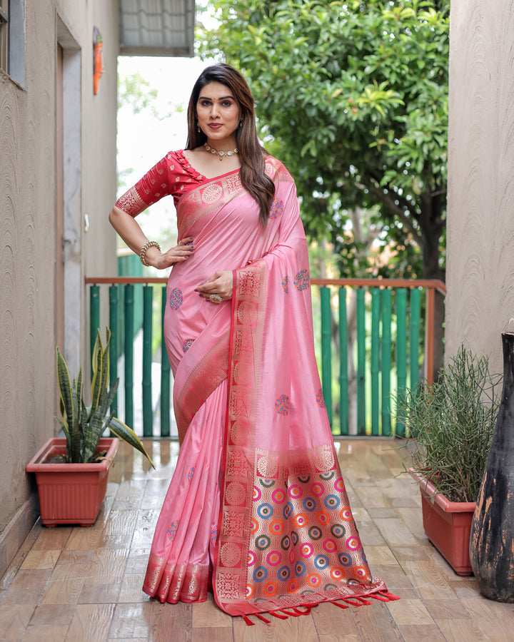 Pink Kamlika Dola Silk With Unique Butta And Contrast Border & Rich Pallu