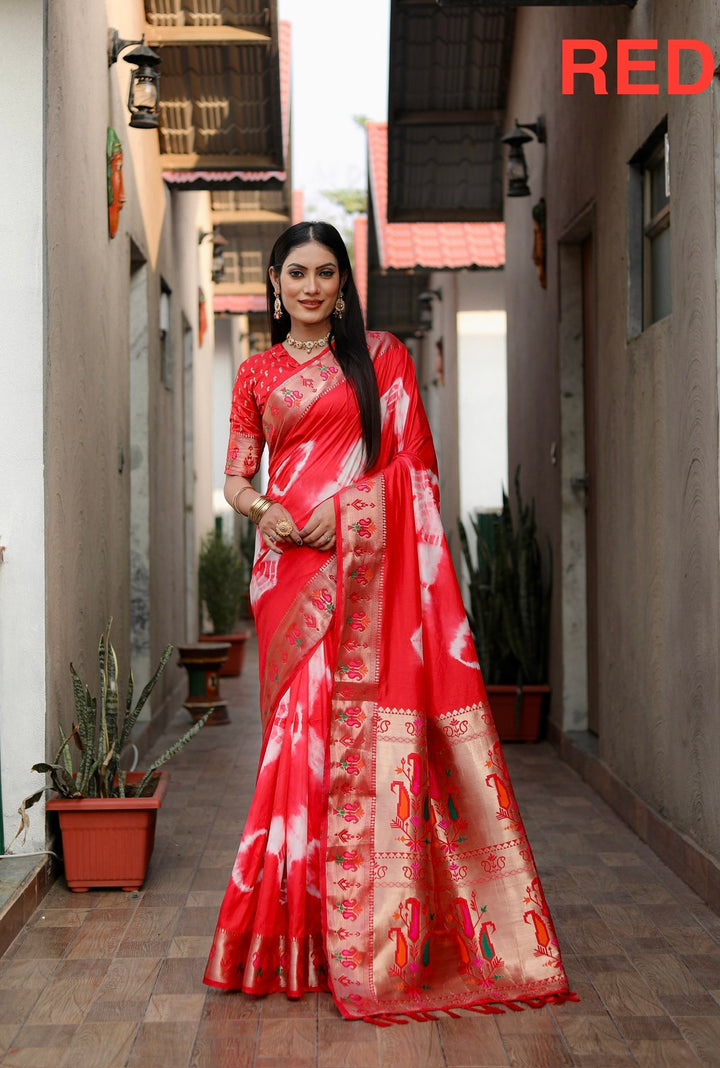 Red Vatika Sibori Print Paithani Silk Sarees With Gold Zari Paithani Border & Contrast Rich Pallu