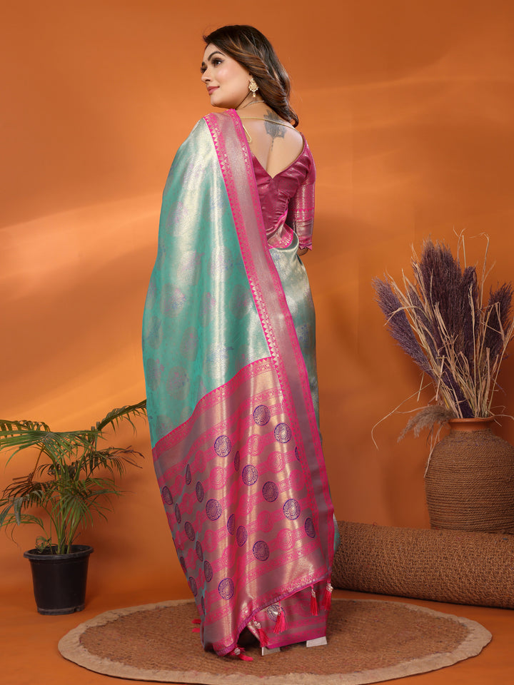 Sky Blue Sonali Banarasi Silk Saree With Contrast Paithani Woven Borders & Pallu