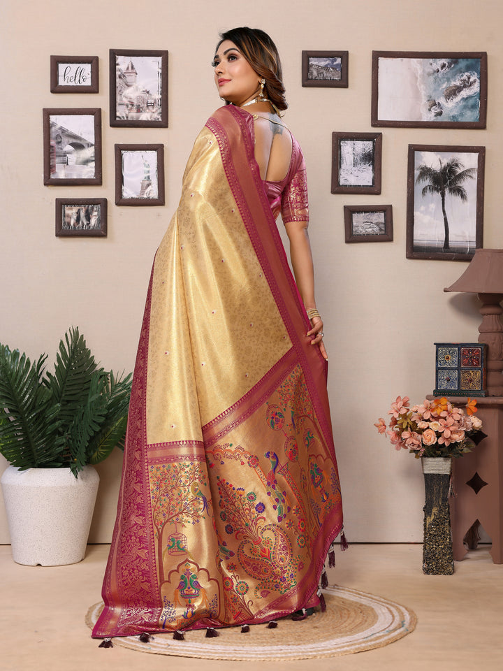 Yellow Vantara Banarasi Tissue Silk Saree With Contrast Paithani Woven Borders & Pallu
