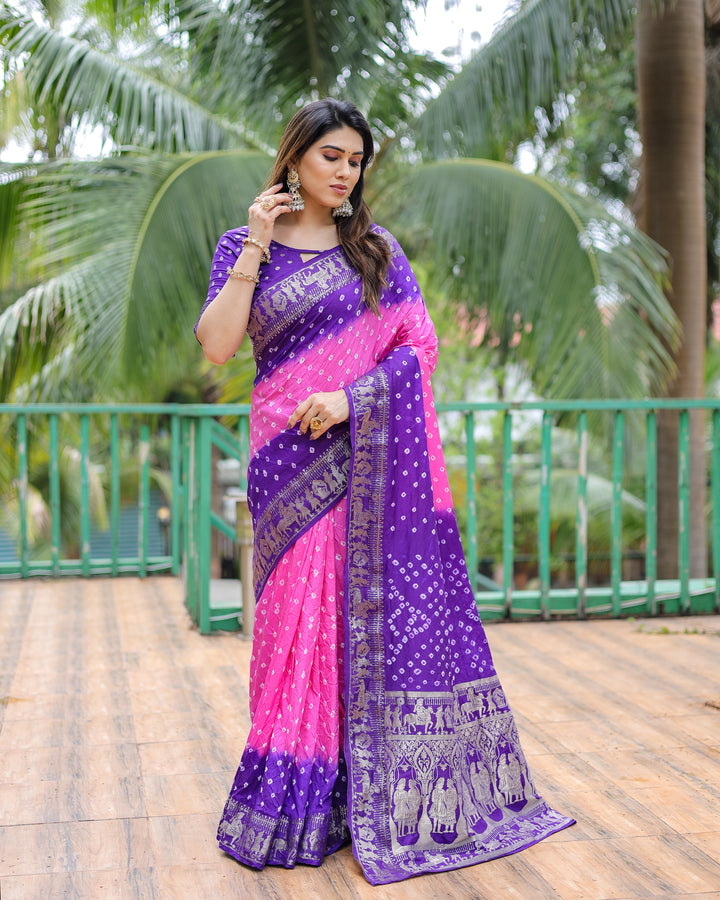 Purple Vamika Pure Bandhej Silk Saree With Bandhej Border & Zari Weaving Rich Tissue Pallu