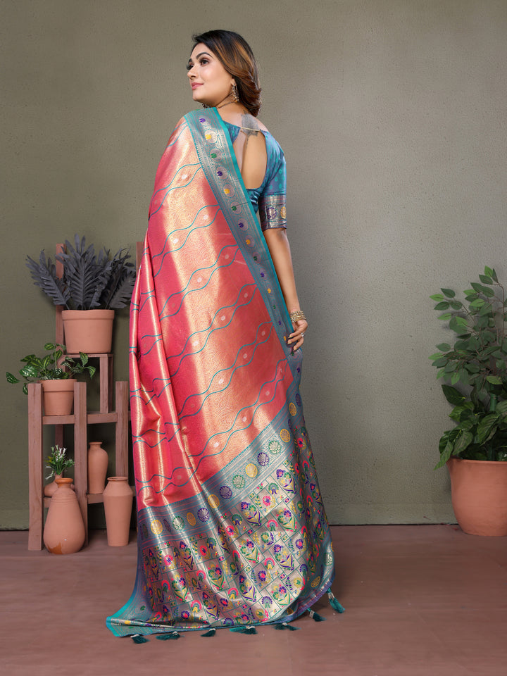 Pink Vasant Banarasi Tissue Silk Saree With Laheriya Woven Borders & Contrast Banarasi Pallu