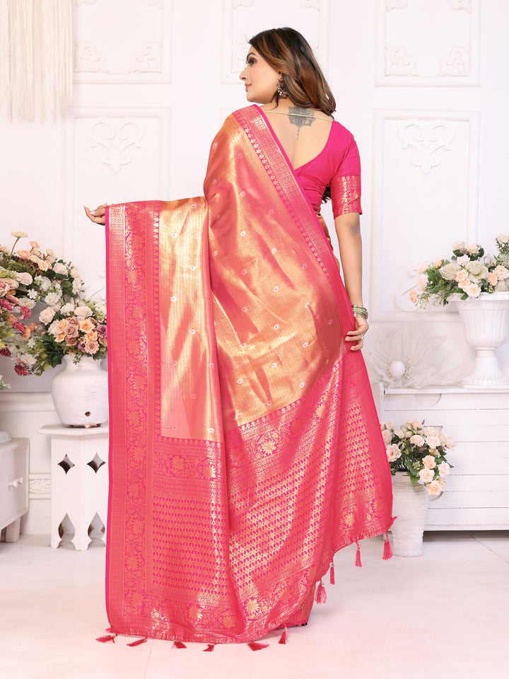 Pink Eshwari Banarasi tissue silk  sarees with all over Butti contrast woven borders classic pallu