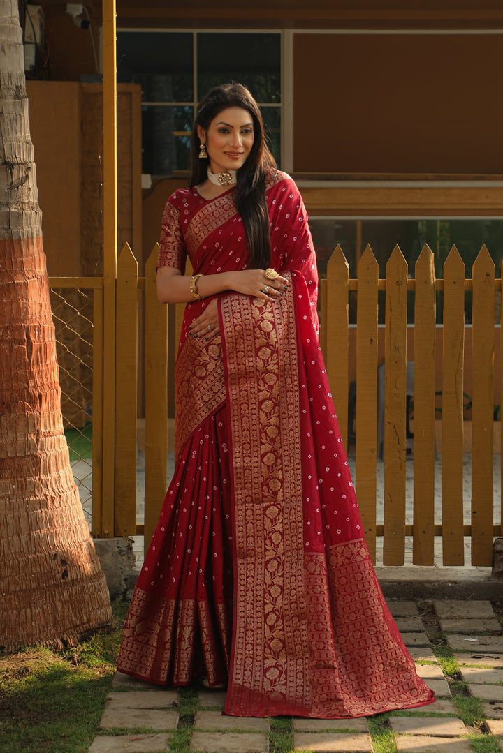 Maroon Toral Bandhej Kanjivaram Silk Saree Kanjivaram Border With Zari Weaving Rich Pallu