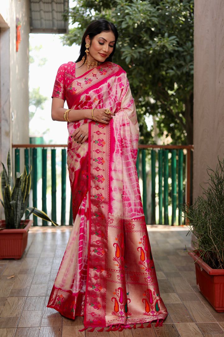 Pink Poonam Sibori Print Paithani Silk Sarees With Gold Zari Paithani Border & Contrast Rich Pallu