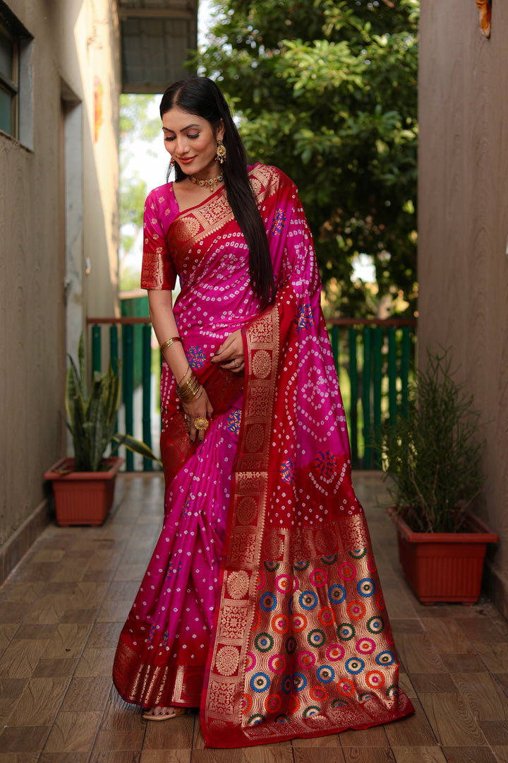 Dark Pink Ishani Pure Bandhej Silk Saree Minakari Weaving Butta With Zari