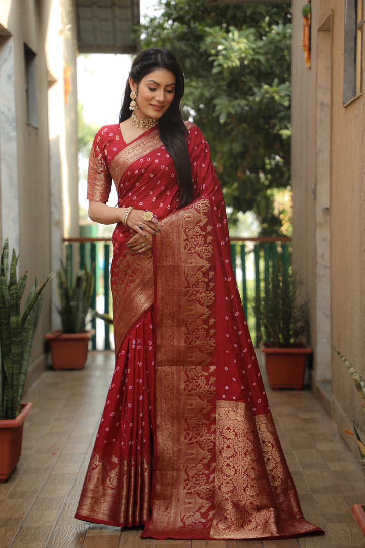 Maroon Suvarna-3 Bandhej Kanjivaram silk saree And Kanjivaram Border with Zari Weaving Rich Pallu