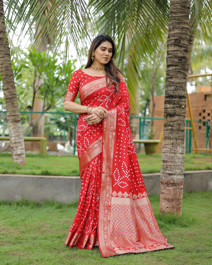 Red Padmavati Dola Soft Silk Bandhej Saree With All Over Handmade Bandhej With Jari Weaving Border