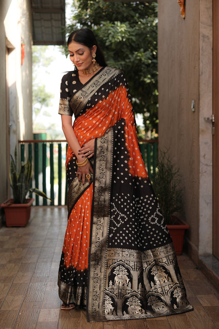Orange Vahini Pure Bandhej Silk Saree With Bandhej Border & Zari Weaving Rich Tissue Pallu